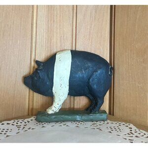 Vintage Rustic Primitive Resin Pig Figurine Black White Farmhouse Kitchen Decor